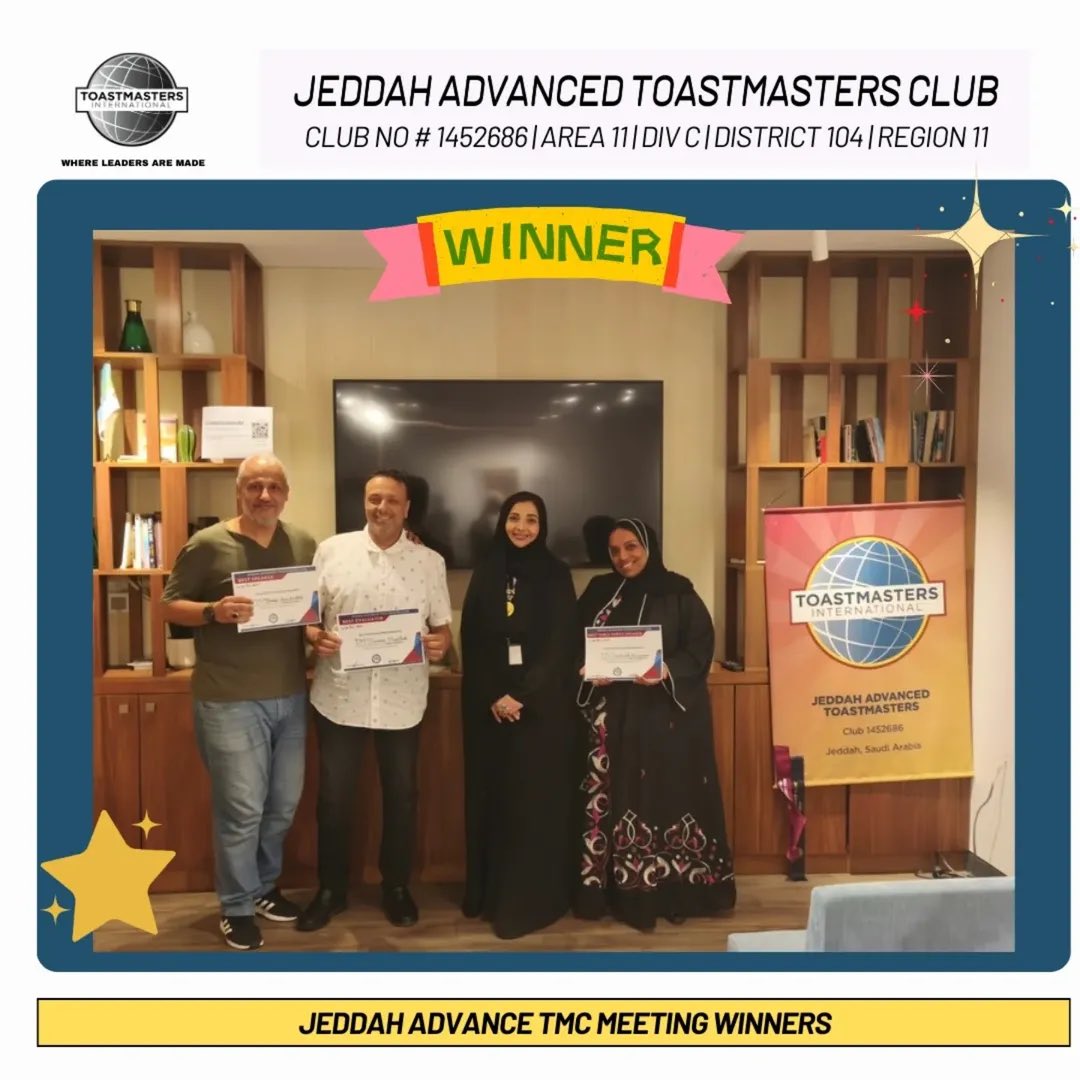 jedadvtmc's tweet photo. 💥 WHAT. A. VIBE. 💥
Jeddah Advanced Toastmasters brought 🔥 — epic speeches, savage evals, pure WOWs.
Legends took the Win🏆
but in this family, we’re ALL leveling up 🚀
👀 Next: 27 Aug. Bring the heat. 🎤💯
#StageSlayers #MicDrop #LevelUpSquad @District104TI @Toastmasters https://t.co/4h1X0esy9p