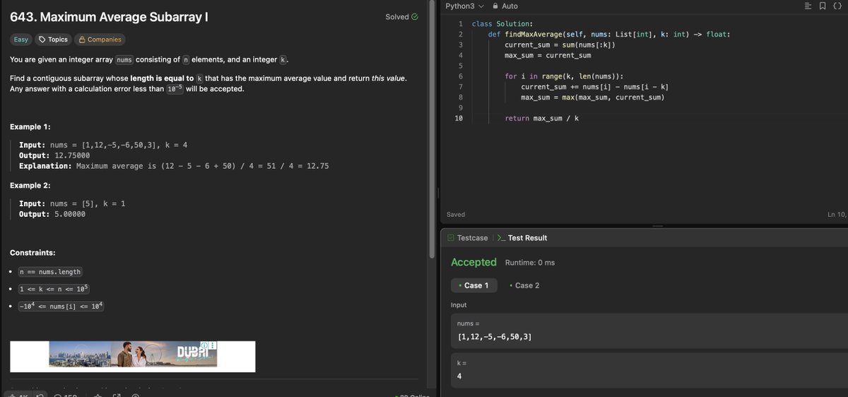 Priyansh0310's tweet photo. Sliding Window's 1st question.
Maximum Average Subarray I
#LeetCode30
14/30
#Python #DSA #100DaysOfCode #LeetCode https://t.co/y3L3FExWgB