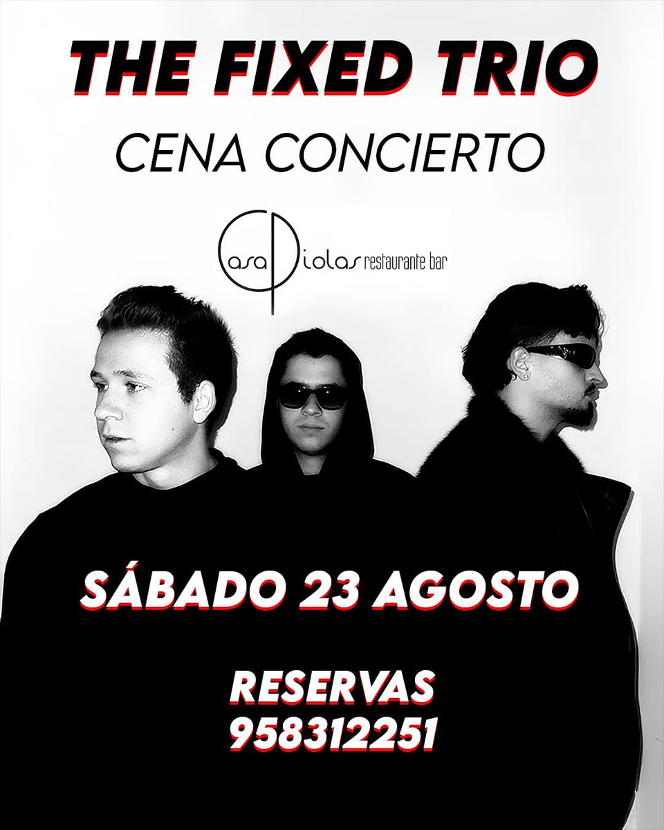 La mejor banda del momento, ( The Fixed trio,) …. sin duda la mejor banda que hemos tenido en toda las cena musicales de Casa Piolas, no te lo pierdas será una noche inolvidable quedan muy pocas plazas, haz tu reservas 958312251 precio cena 50 € con cuatro platos individuales