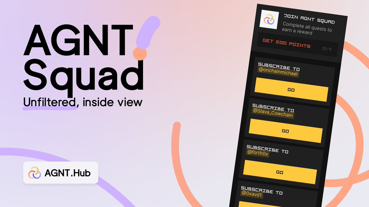 AGNT Hub (@agnt_hub) on Twitter photo AGNT Hub is moving fast – too fast for the main feed to catch it all.
That’s why the core team is taking it personal.
<a href="/onchainmichael/">Michael Adzhoiev</a>, <a href="/0xavd1/">Tony D</a>, <a href="/Slava_Cowchain/">Slava Ivchenko</a>, <a href="/forth0x/">forth0x</a> – ready to drop an unfiltered, inside view of what we’re building.
Follow them and complete the AGNT Squad AGNT Hub is moving fast – too fast for the main feed to catch it all.
That’s why the core team is taking it personal.
<a href="/onchainmichael/">Michael Adzhoiev</a>, <a href="/0xavd1/">Tony D</a>, <a href="/Slava_Cowchain/">Slava Ivchenko</a>, <a href="/forth0x/">forth0x</a> – ready to drop an unfiltered, inside view of what we’re building.
Follow them and complete the AGNT Squad