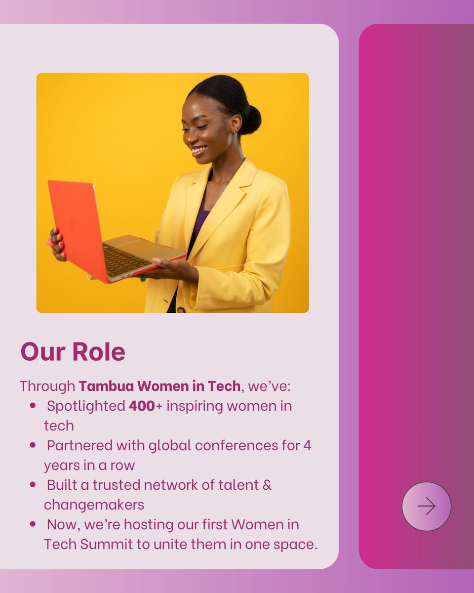 At <a href="/W_TechShoutOuts/">Tambua.Women.In.Tech</a> , we’ve spent years celebrating and connecting incredible women shaping the future of technology 🎉 

This November 2025, we’re hosting our 1st-ever Women in Tech Summit in Nairobi, Kenya, bringing together 150+ women for 2 days of learning &amp; mentorship

#tech