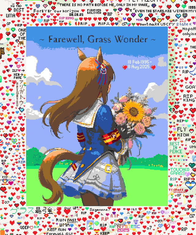 Daromas_UK's tweet photo. The internet is a cruel place sometimes. This mural on wplace was for Grass Wonder. A real horse popularised by Umamusume: Pretty Derby. I found out about the mural 2 days ago, searched it up this morning. This is why we can't have nice things. Credit: @Neshaa_3450 https://t.co/GgqZBxk3Vu