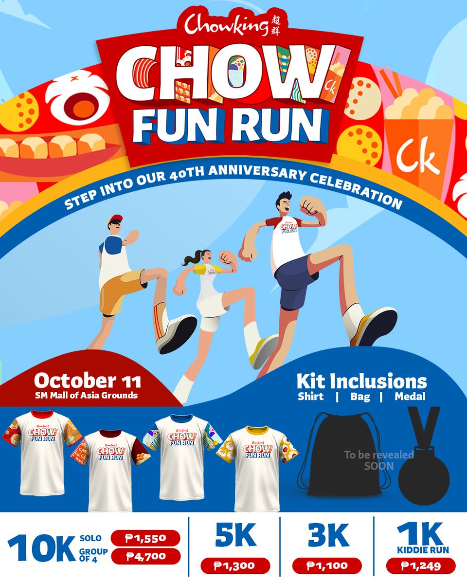 REGISTER NOW: Lace up and step into Chowking’s 40th Anniversary celebration at the first-ever #ChowFunRun on October 11, 2025 at the SM Mall of Asia Complex! 🏃🥢🎉  

Register here: registration.hyvesport.com/register/chow-…

Don't miss out -- special guests await 😉 #40YearsOfSarapMagChow