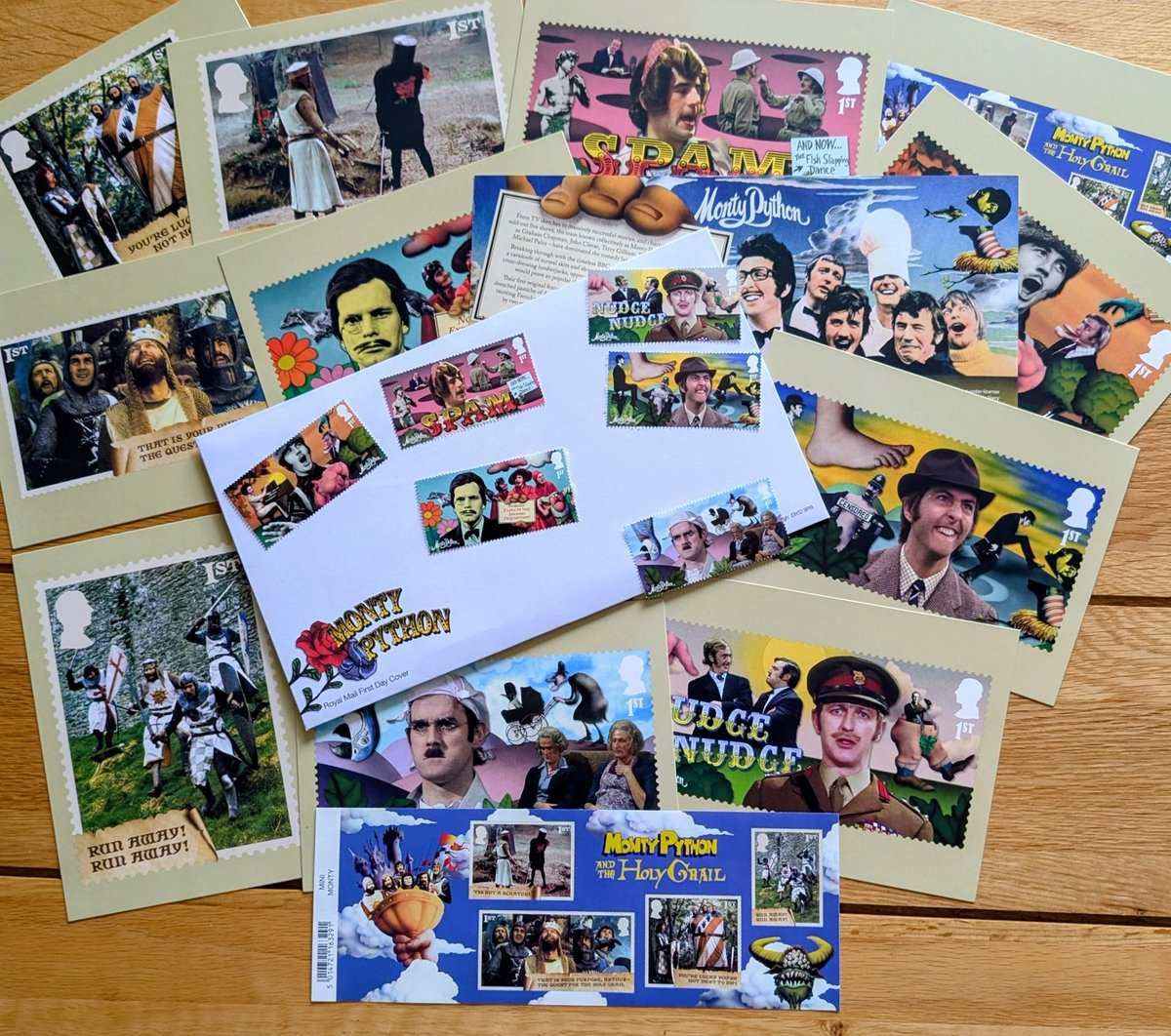 wendyloued's tweet image. I popped into our small, friendly post office yesterday afternoon and bought these new Monty Python stamps &amp;amp; postcards 
#sendpostcards
