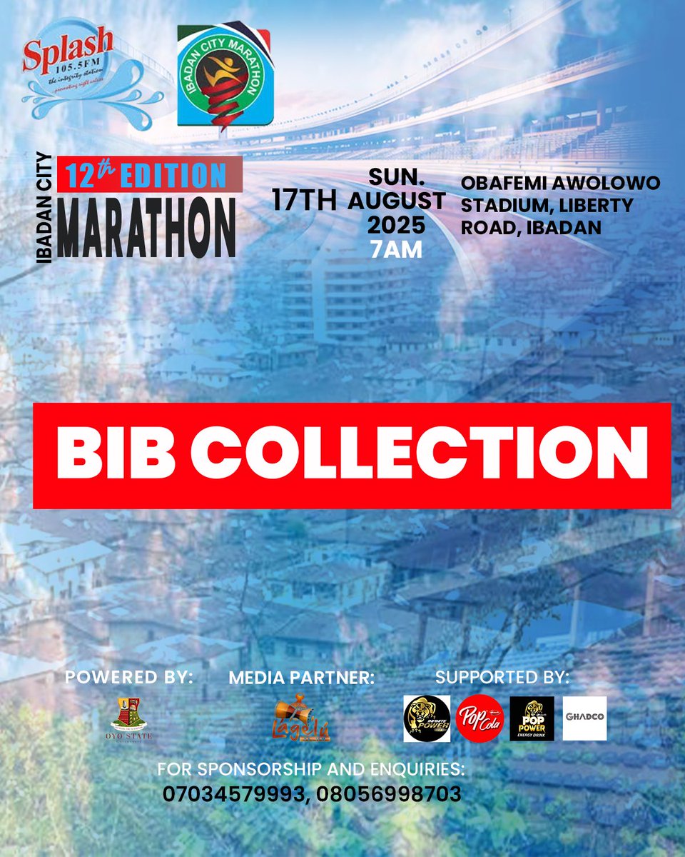 SplashFM1055's tweet photo. 📢 Attention Ibadan City Marathon Runners!
BIB collection kicks off Saturday, 16th August 2025 at the Sports Complex, Obafemi Awolowo Stadium, Liberty Road, Ibadan.
Time: 10:00 AM
#ibadancitymarathon
#splash1055
#lagelu967 https://t.co/lrL0LoICtL