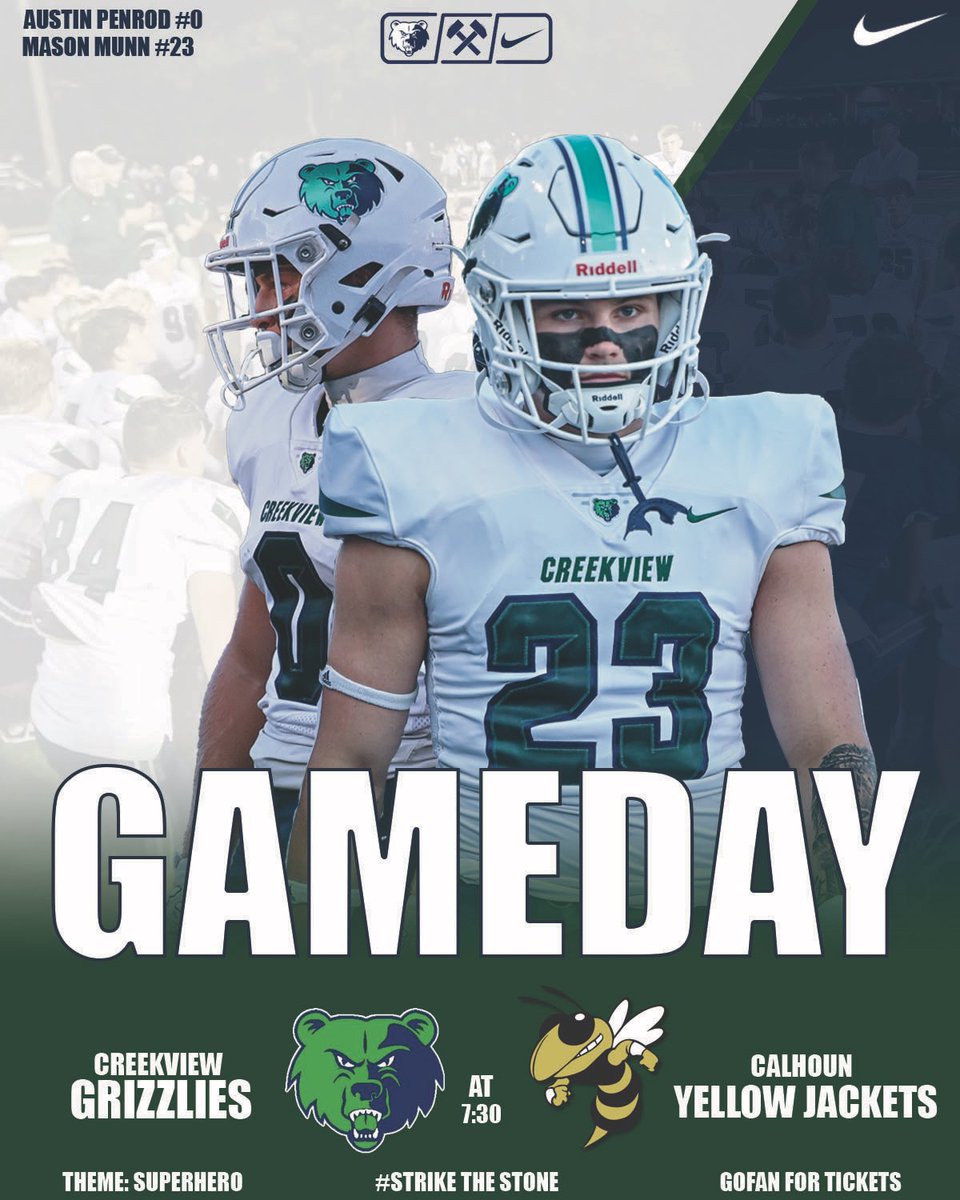 Creekview Grizzly Football (@ftballattheview) on Twitter photo WAKE UP! It’s Game Day!
The Grizzlies travel to Calhoun to take on the Yellow Jackets!
<a href="/CoachWilliams22/">Trevor Williams</a> <a href="/CVHSGrizzlies/">CVHS Grizzly Athletics</a>
#StrikeTheStone WAKE UP! It’s Game Day!
The Grizzlies travel to Calhoun to take on the Yellow Jackets!
<a href="/CoachWilliams22/">Trevor Williams</a> <a href="/CVHSGrizzlies/">CVHS Grizzly Athletics</a>
#StrikeTheStone