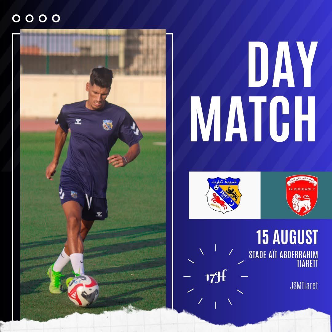 JSMT1941's tweet photo. 🎮 |يوم المباراة 
⚽️ | شبيبة تيارت  -  إتحاد بوهني 
🏟️ | ملعب آيت عبد الرحيم احمد
🤝 | مباراة ودية 
🕔 | بداية من الساعة 17:00

🔵#JSMTIRBT  
⚪​#AllezLesBleus https://t.co/TfQaJk5YBk