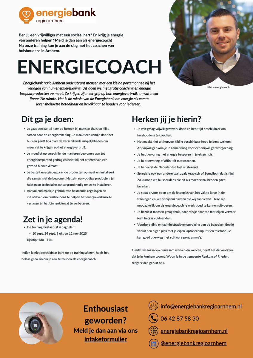 Arnhem Direct (@arnhemdirect) on Twitter photo De Energiebank regio Arnhem zoekt nieuwe vrijwillige energiecoaches om huishoudens te ondersteunen hun energieverbruik beheersbaar te maken en te houden.
<a href="/gemeentearnhem/">Gemeente Arnhem</a> <a href="/Gem_Renkum/">Gemeente Renkum</a> <a href="/gemeenteRheden/">Gemeente Rheden</a>
#energierekening #energiearmoede
energiebankregioarnhem.nl/energiecoaches/ De Energiebank regio Arnhem zoekt nieuwe vrijwillige energiecoaches om huishoudens te ondersteunen hun energieverbruik beheersbaar te maken en te houden.
<a href="/gemeentearnhem/">Gemeente Arnhem</a> <a href="/Gem_Renkum/">Gemeente Renkum</a> <a href="/gemeenteRheden/">Gemeente Rheden</a>
#energierekening #energiearmoede
energiebankregioarnhem.nl/energiecoaches/