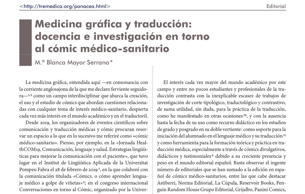 Lectura recomendada para el fin de semana:

«Medicina gráfica y traducción: docencia e investigación en torno al cómic médico-sanitario»
M.ª Blanca Mayor Serrano

➡️ tremedica.org/wp-content/upl…