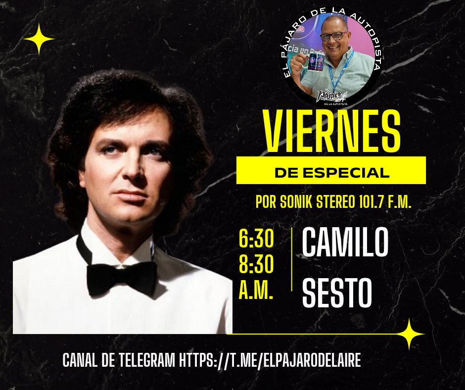 #PájaroDeLaAutopista (@nestor1ramirez) on Twitter photo Hoy #15ago en #DesdeLaCabina con #ElPájaroDeLaAutopista por <a href="/SonikStereo1017/">SonikStereo1017</a> estamos en Viernes de Especial con #CamiloSesto.
Disfruta de su música y la historia de su vida
6:30 a.m. a 8:30 a.m. Hoy #15ago en #DesdeLaCabina con #ElPájaroDeLaAutopista por <a href="/SonikStereo1017/">SonikStereo1017</a> estamos en Viernes de Especial con #CamiloSesto.
Disfruta de su música y la historia de su vida
6:30 a.m. a 8:30 a.m.
