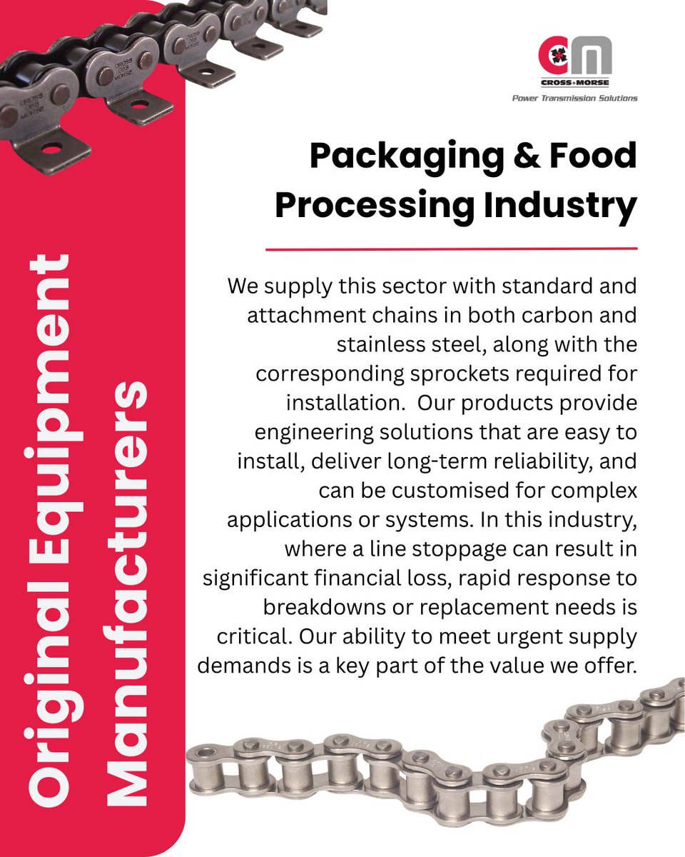 crossmorse's tweet photo. For packaging &amp; food processing OEMs, downtime isn’t an option. Our carbon &amp; stainless steel chains and sprockets are easy to install, reliable, and available fast. Custom solutions &amp; urgent supply keep your lines moving.

 #PackagingIndustry #OEM #UKManufacturing #Engineering https://t.co/Ttf6JgRxDy