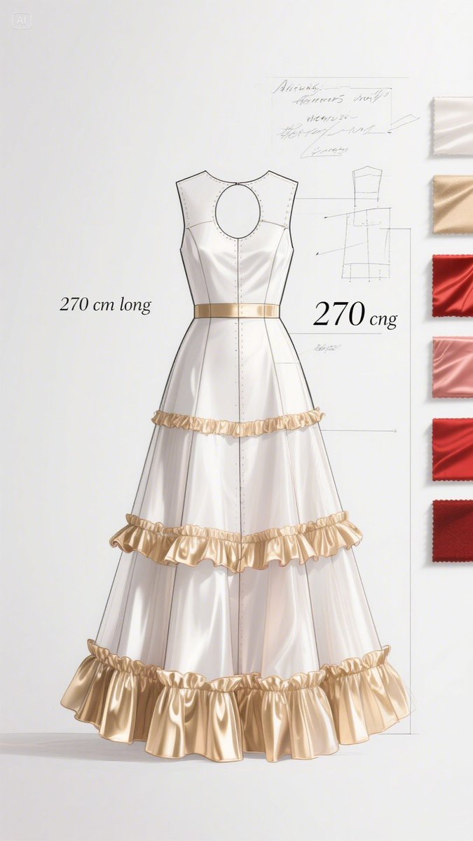 TheEdgyShade's tweet photo. Chiffon + satin, ruffles on every panel, 270 cm of pure design magic. 🪡✨

#FashionDesign #HauteCouture #DesignerSketch #StyleInspo #LuxuryFashion #TheEdgyShade https://t.co/6TNWtjwwiM