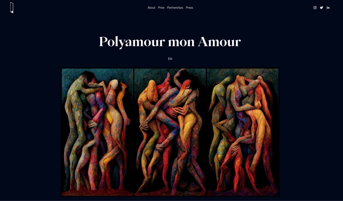 Ellii (@ellii_art) on Twitter photo I’m still processing it, but I’m thrilled to share that my triptych "Polyamour mon Amour" is a finalist in the Still Image Award category of the <a href="/lumenprize/">The Lumen Prize</a> !
Deeply grateful for this recognition and for everyone who has supported my work along the way 💙 I’m still processing it, but I’m thrilled to share that my triptych "Polyamour mon Amour" is a finalist in the Still Image Award category of the <a href="/lumenprize/">The Lumen Prize</a> !
Deeply grateful for this recognition and for everyone who has supported my work along the way 💙