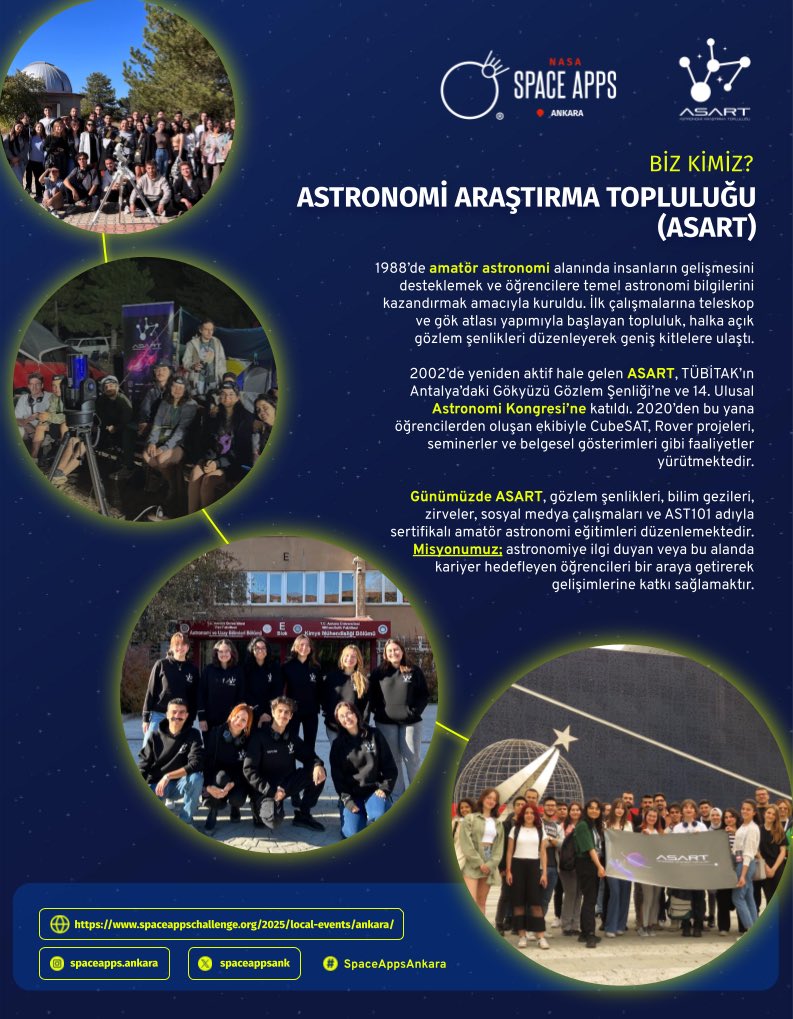 spaceappsank's tweet photo. 1988'den beri amatör astronomiyi destekleyen topluluğumuz, teleskop gözlemleri, bilim gezileri, eğitimler ve sosyal etkinliklerle yıldız meraklılarını buluşturuyor.
Bu yıl da Space Apps Ankara'da, bilim ve teknolojiyi bir araya getirerek gökyüzüne dokunuyoruz! @asartofficial https://t.co/7VE888CQpm