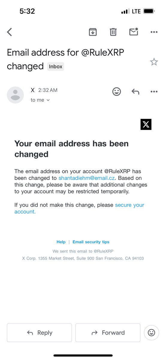 Hello <a href="/Support/">Support</a> 
 
James Rule's (<a href="/RuleXRP/">James Rule XRP 👊😎</a>) account has been hacked. He sent me the message below:

---

My account has been hacked and taken over by email: shantadiem@email.cz 

I am blue check certified, get ad revenue and have 196,000 followers. 

I also have Google