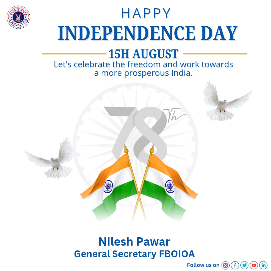 🇮🇳 🇮🇳🇮🇳 🇮🇳🇮🇳 
On this 79th Independence Day, we bow in honour to the countless heroes whose courage and sacrifice gifted us the freedom we cherish today. Their dream was a united, strong, and self-reliant Bharat—and it is our duty to keep that dream alive.

As the <a href="/fboioa_india/">Federation of Bank of India Officers' Associations</a>,