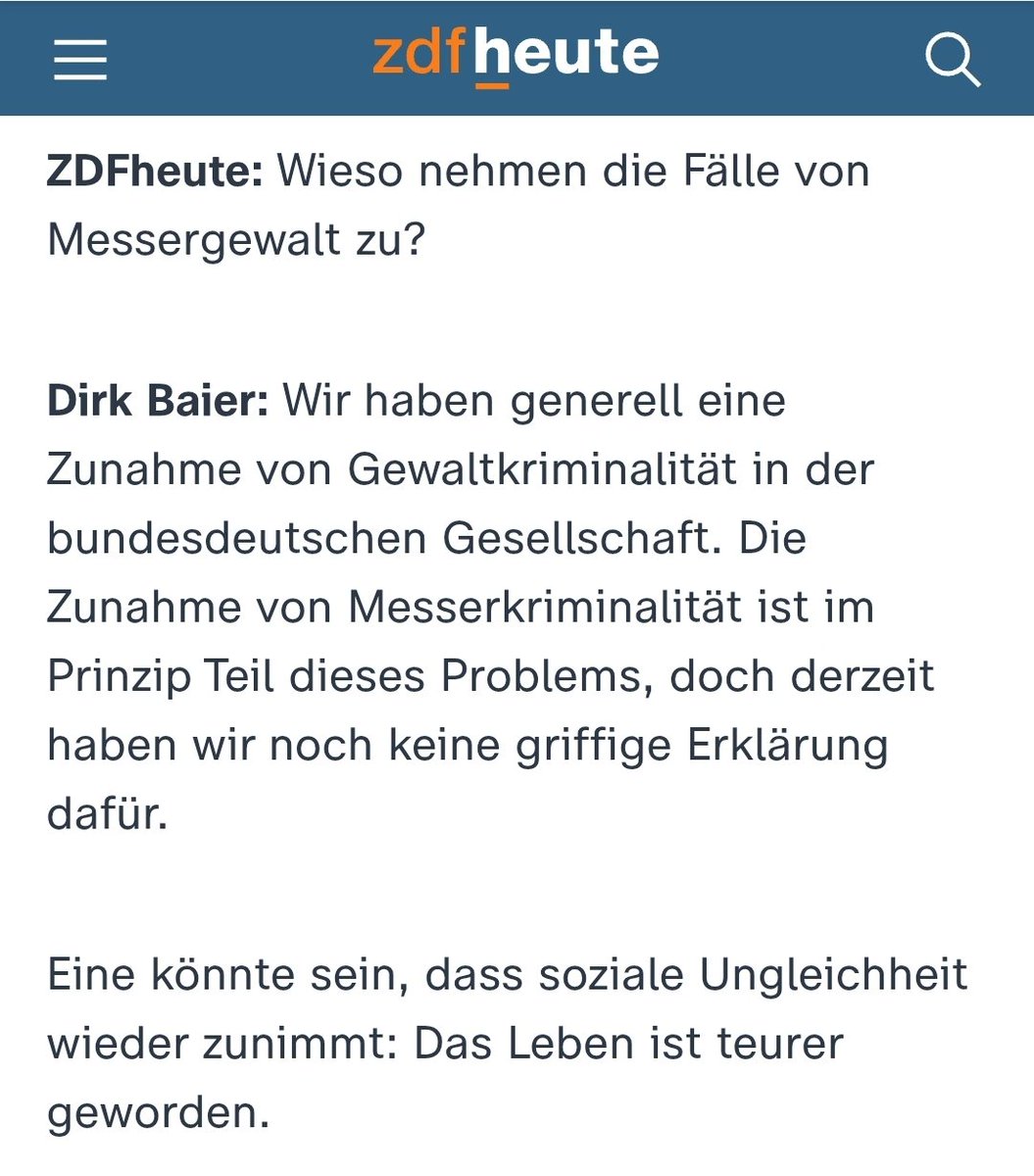 OERRBlog's tweet photo. ZDFheute: Wieso nehmen die Fälle von Messergewalt zu?
Dirk Baier: Wir haben generell eine Zunahme von Gewaltkriminalität in der bundesdeutschen Gesellschaft. Die Zunahme von Messerkriminalität ist im Prinzip Teil dieses Problems, doch derzeit haben wir noch keine griffige Erklärung dafür.
Eine könnte sein, dass soziale Ungleichheit wieder zunimmt: Das Leben ist teurer geworden. #OerrBlog