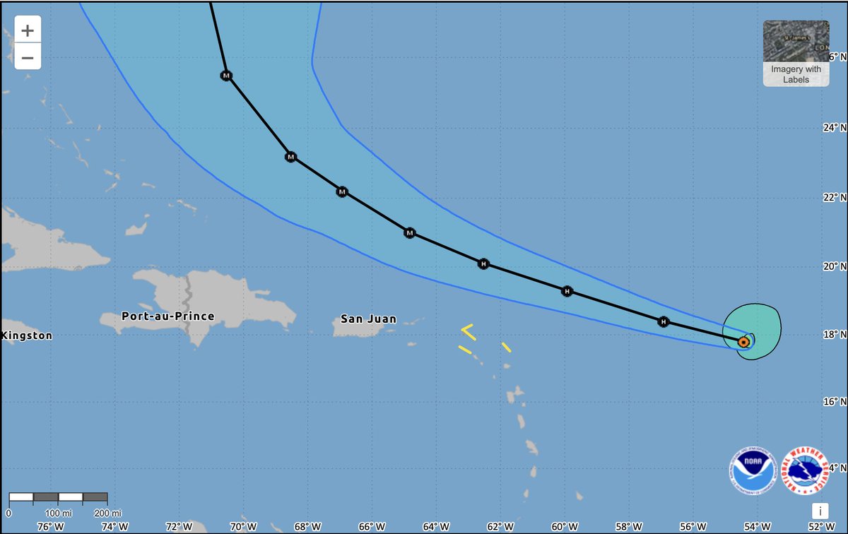 Con #Erin habiendo hecho el giro al WNW casi pasando la latitud de Ponce PR, y con la confianza de que pasará sobre el oceano al norte, la probabilidad de vientos de tormenta tropical ha disminuído a 10-15% en PR y similar en RD. Se esperan 2"-4" de lluvia (6" max) e inundaciones