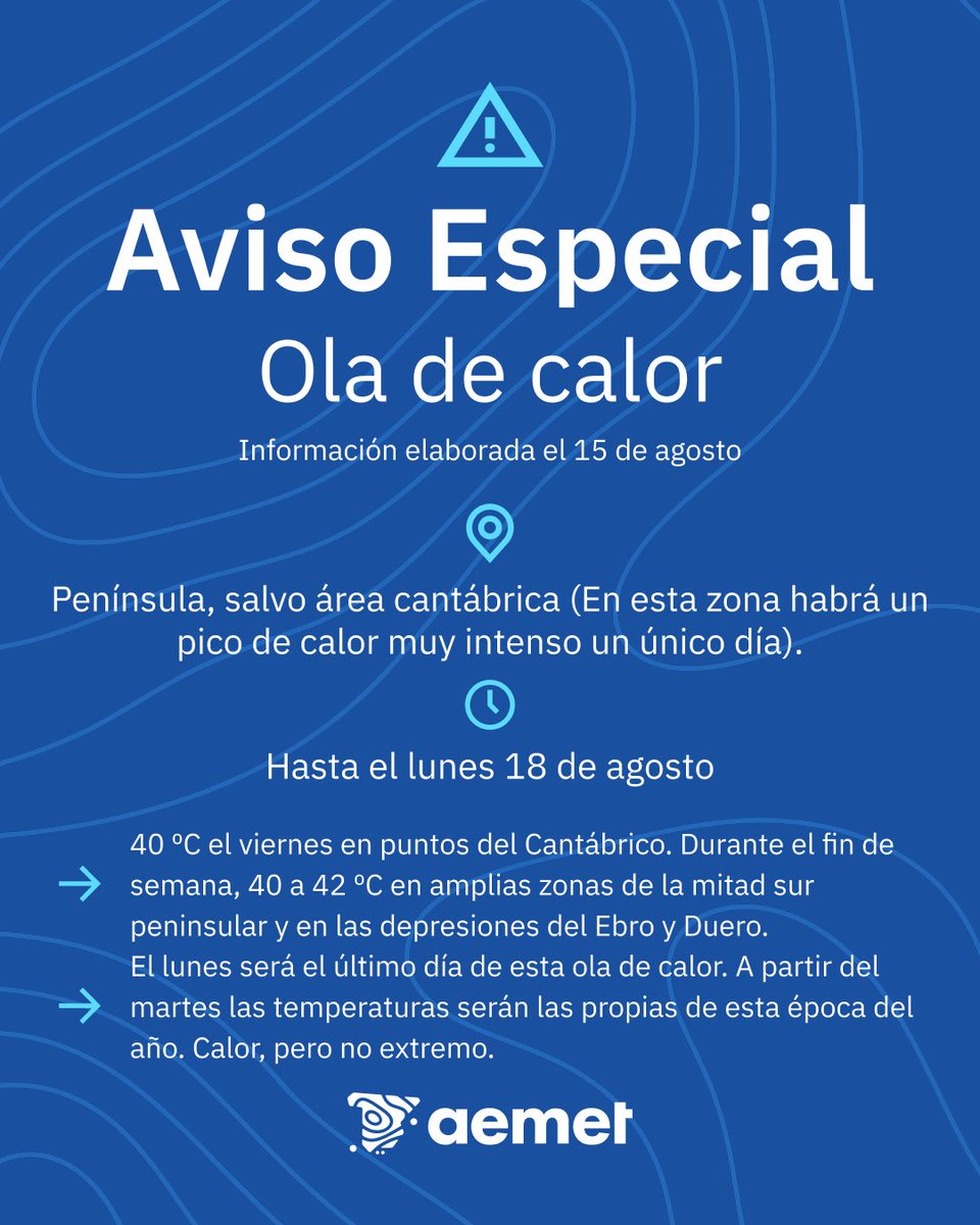 ⚠️ AVISO ESPECIAL | Ola de calor

→ Temperaturas muy altas hasta el lunes. Durante el fin de semana se podrían superar localmente 44 °C.

→ A partir del martes las temperaturas serán propias de estas fechas.

Última actualización de este aviso.
+ info 👉
aemet.es/es/eltiempo/pr…