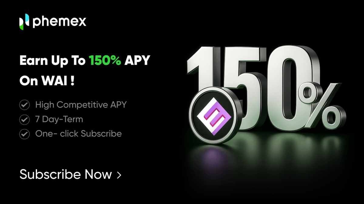 Phemex_official's tweet photo. Earn up to 150% APY with $WAI Savings! 
Now live on Phemex!

Stake in 5-day fixed, 7-day fixed, or flexible plans and put your WAI to work.

High-yield pools fill fast so lock in your tokens today.

👉 https://t.co/eGzcEY6R2Z https://t.co/3Dsqivkq8Y