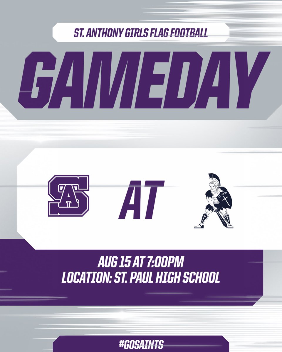 Vincent Nolasco (@vincenolascoad) on Twitter photo St. Anthony Girls Flag Football 🏈
It’s Game Day! Friday Night Lights!
Lady Saints open up the season on the road tonight at St. Paul High School!
The game is at 7pm.
Go out and support!
#LongBeachSaints #GoSaints
<a href="/SAHS20Athletics/">St. Anthony Saints Athletics</a> <a href="/James_Escarcega/">James Escarcega 📈🏈🏀⚾️🥎 🤼🤽🏽♂️🏊🏼♀️🏌🏻⚽️</a> St. Anthony Girls Flag Football 🏈
It’s Game Day! Friday Night Lights!
Lady Saints open up the season on the road tonight at St. Paul High School!
The game is at 7pm.
Go out and support!
#LongBeachSaints #GoSaints
<a href="/SAHS20Athletics/">St. Anthony Saints Athletics</a> <a href="/James_Escarcega/">James Escarcega 📈🏈🏀⚾️🥎 🤼🤽🏽♂️🏊🏼♀️🏌🏻⚽️</a>