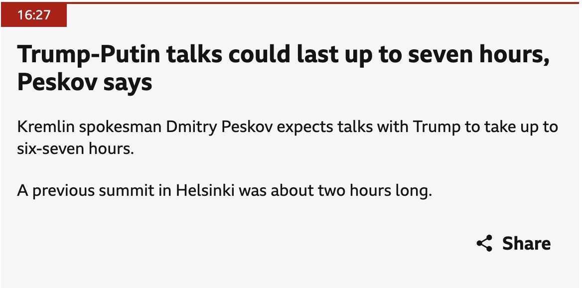 Trump plans a summit

Expectations: shake hands, end war.
Reality: 7 hours of Putin explaining who Prince Rurik was.