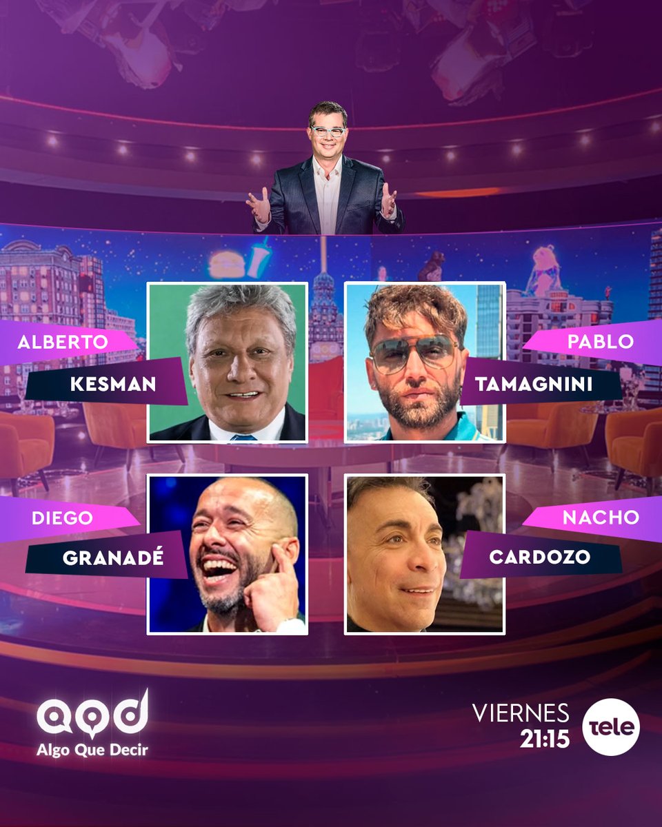Algo que decir (@algoqdecir12) on Twitter photo ✨Se viene un gran programa de #AlgoQueDecir
➡️ <a href="/KesmanAlberto/">Alberto Kesman</a>
➡️ Pablo Tamagnini
➡️ Diego Granadé
➡️ Nacho Cardozo
✅ 21:15 horas por la pantalla de <a href="/teledoce/">𝗧𝗲𝗹𝗲𝗱𝗼𝗰𝗲 📺</a> 📺 ✨Se viene un gran programa de #AlgoQueDecir
➡️ <a href="/KesmanAlberto/">Alberto Kesman</a>
➡️ Pablo Tamagnini
➡️ Diego Granadé
➡️ Nacho Cardozo
✅ 21:15 horas por la pantalla de <a href="/teledoce/">𝗧𝗲𝗹𝗲𝗱𝗼𝗰𝗲 📺</a> 📺