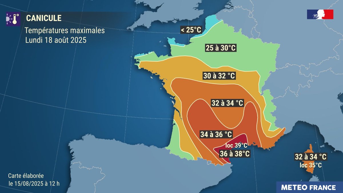 ⚠️ Ce samedi, les fortes chaleurs se maintiennent au sud, avec encore bien souvent 36 à 39°C, et les 40°C se généralisent du nord de la Nouvelle-Aquitaine au Languedoc.

Dimanche, les températures baissent partout, mais les très fortes chaleurs persistent du Sud-Ouest au Sud-Est.