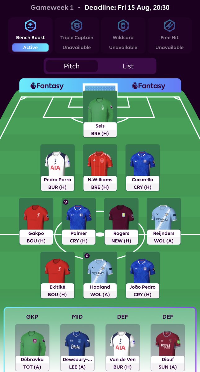 GW1 🔒

No Salah, Haaland captain ✅
 
Bench Boost active 🪑

Good luck everyone! 

#FPL #FPLCommunity