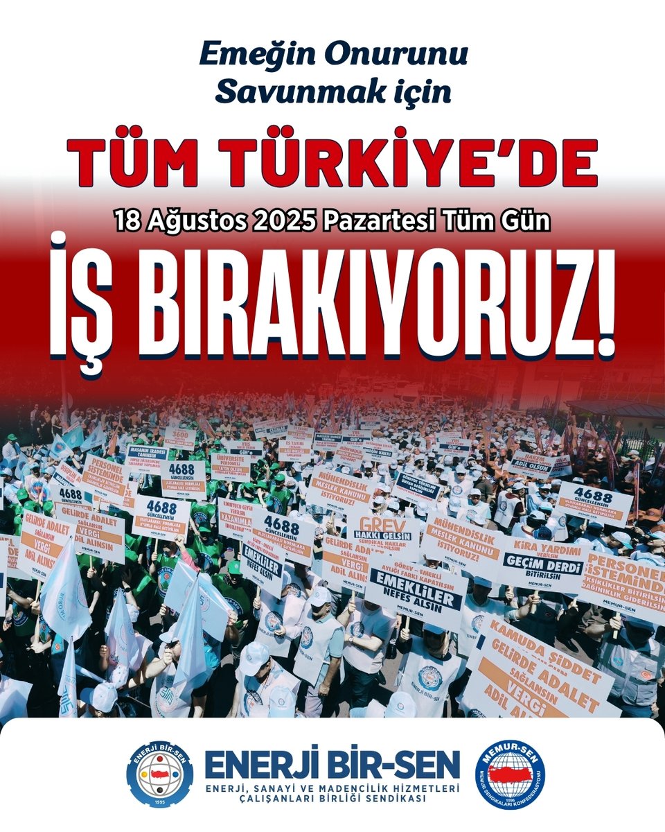 Emeğin Onurunu Savunmak İçin; 
Tüm Türkiye’de 
İŞ BIRAKIYORUZ!

Birlikte durduğumuzda güçlüyüz.
Emeğimizin değerini ancak birlikte koruyabiliriz.

Tüm kamu görevlilerimizi, haklı mücadelemize omuz omuza katılmaya davet ediyoruz.

🗓 18 Ağustos Pazartesi / Tüm Gün