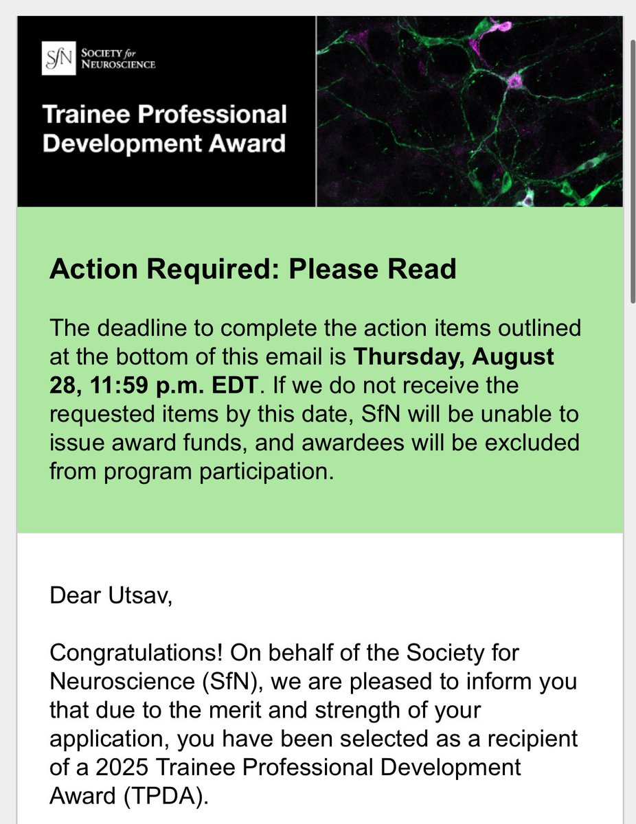 Thrilled to share that I’ve been awarded the Trainee Professional Development Award (TPDA) to attend the Society for Neuroscience Meeting this year! Grateful to <a href="/SfNtweets/">Society for Neuroscience (SfN)</a> for this opportunity and to <a href="/TedAbelneuro/">Ted Abel</a> for his constant support and guidance.