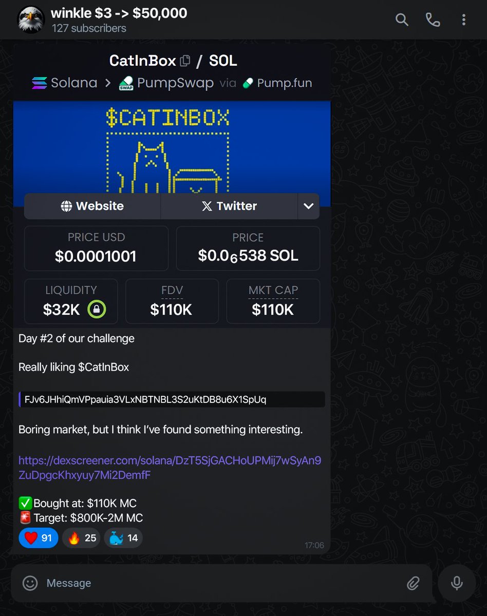w1nklerr's tweet image. Day #2 of the $3 - $50,000 Challenge
Today we caught #CatInBox
Sold at $1M MC - 9x
Current balance: $711
Already 127/400 people in the group
If you want to join us:
Like & RT
Comment "COME ON"
Must be following
Only my followers will be accepted.