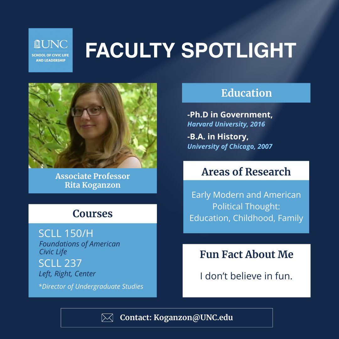 UNCSCILL's tweet image. Spotlight moment: Dr. Rita Koganzon is breaking down big ideas about education, childhood, and family in political thought. As an Associate Professor at UNC, Dr. Koganzon challenges us to consider how authority and liberty shape the earliest years of family life.