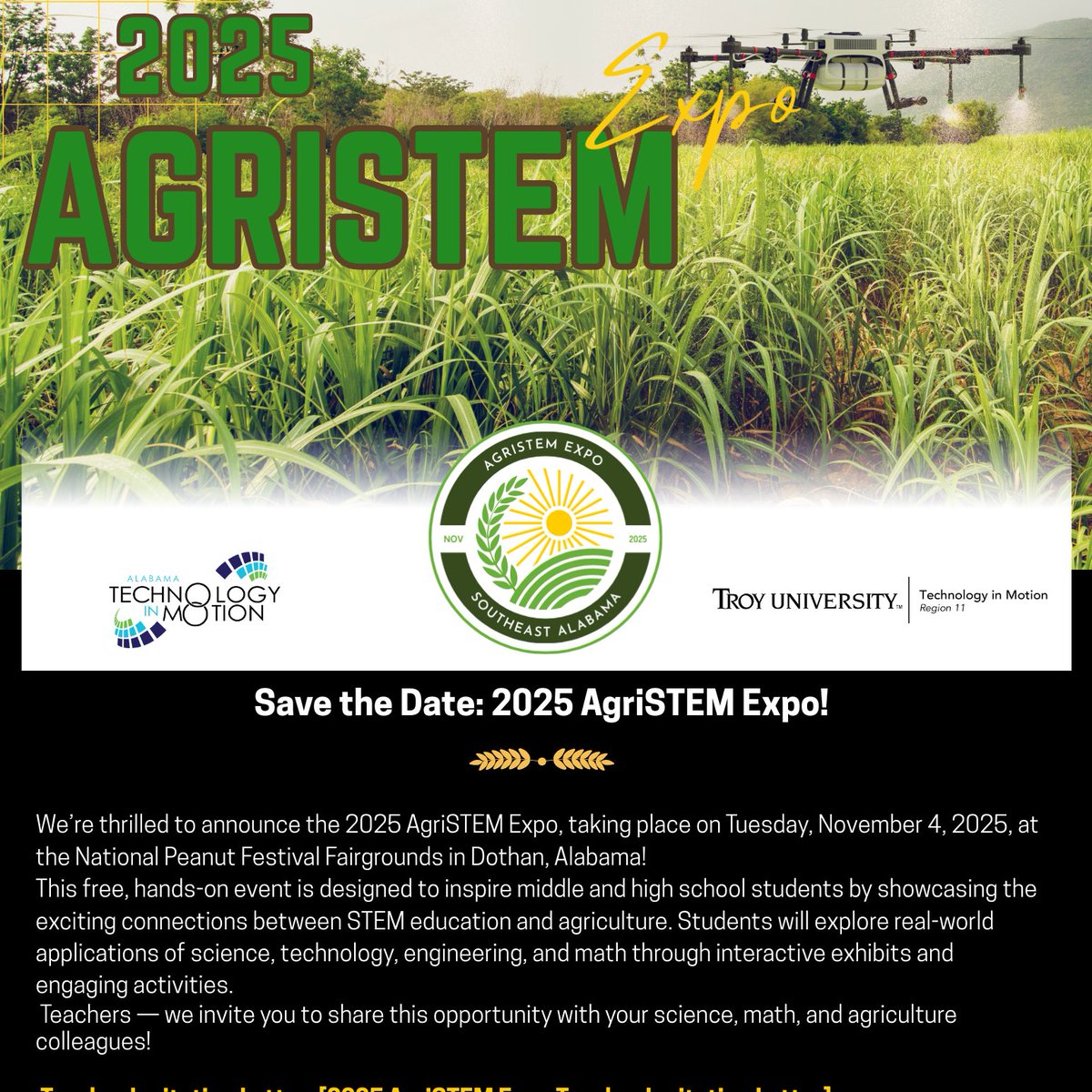 Dr. Charisse Snell (@atim_troyu) on Twitter photo Calling ALL Alabama Middle and High School Teachers! If you are interested in attending the 2025 AgriSTEM Expo, then click the link: tinyurl.com/5enuf6pk <a href="/atimpd/">Technology in Motion</a> <a href="/TeachwithALEX/">Alabama Learning Exchange 🍎 ALEX</a> <a href="/ALSDEEdTech/">ALSDE Educational Technology</a> <a href="/ALSDEOSL/">ALSDE Office of Student Learning</a> <a href="/ALSDEOXL/">ALSDE Office of Extended Learning (OXL)</a> Calling ALL Alabama Middle and High School Teachers! If you are interested in attending the 2025 AgriSTEM Expo, then click the link: tinyurl.com/5enuf6pk <a href="/atimpd/">Technology in Motion</a> <a href="/TeachwithALEX/">Alabama Learning Exchange 🍎 ALEX</a> <a href="/ALSDEEdTech/">ALSDE Educational Technology</a> <a href="/ALSDEOSL/">ALSDE Office of Student Learning</a> <a href="/ALSDEOXL/">ALSDE Office of Extended Learning (OXL)</a>