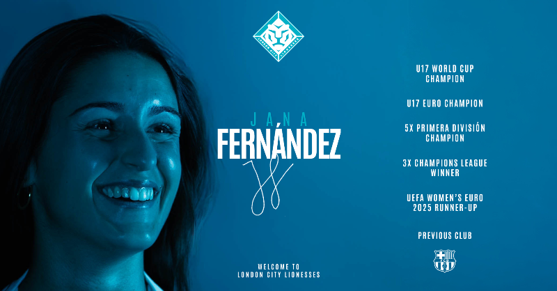 LC_Lionesses's tweet photo. London City Lionesses are thrilled to welcome 23-year-old Spanish defender Jana Fernández to our squad 🩵