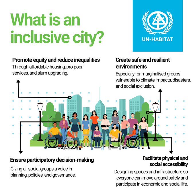 UN DESA DISD (@undesasocial) on Twitter photo Why do inclusive cities matter?
Exclusion fuels poverty, inequality, and social tensions. Conversely, inclusive cities boost social cohesion, economic productivity & climate resilience.
Inclusion is critical since vulnerable groups often face the worst climate risks. <a href="/UNHABITAT/">UN-Habitat</a> Why do inclusive cities matter?
Exclusion fuels poverty, inequality, and social tensions. Conversely, inclusive cities boost social cohesion, economic productivity & climate resilience.
Inclusion is critical since vulnerable groups often face the worst climate risks. <a href="/UNHABITAT/">UN-Habitat</a>
