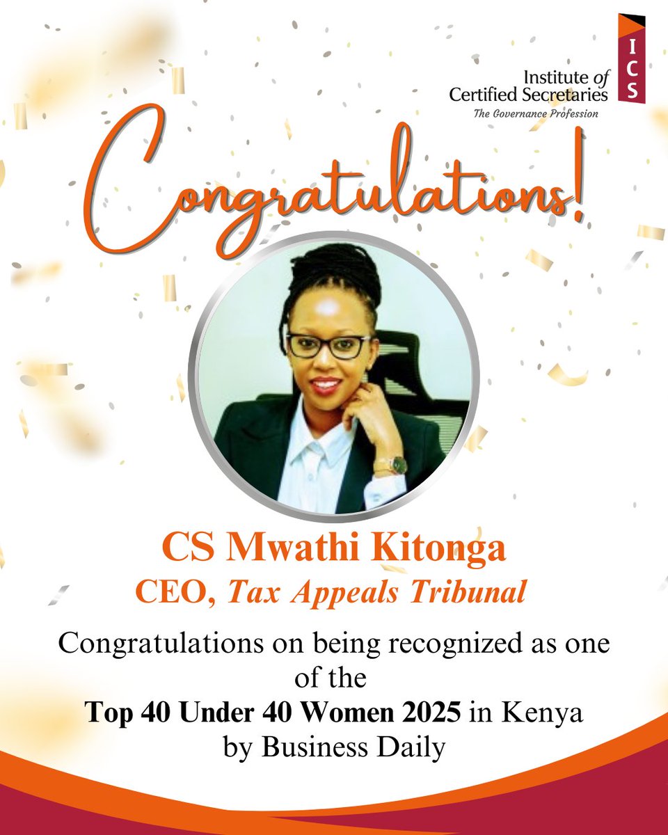 𝐓𝐫𝐚𝐢𝐥𝐛𝐥𝐚𝐳𝐢𝐧𝐠 𝐢𝐧 𝐠𝐨𝐯𝐞𝐫𝐧𝐚𝐧𝐜𝐞!

Congratulations to CS Mwathi Kitonga on being named among Kenya’s 𝑻𝒐𝒑 40 𝑼𝒏𝒅𝒆𝒓 40 𝑾𝒐𝒎𝒆𝒏 2025.

#ICS_Kenya #Top40Under40 #Top40Under40Women