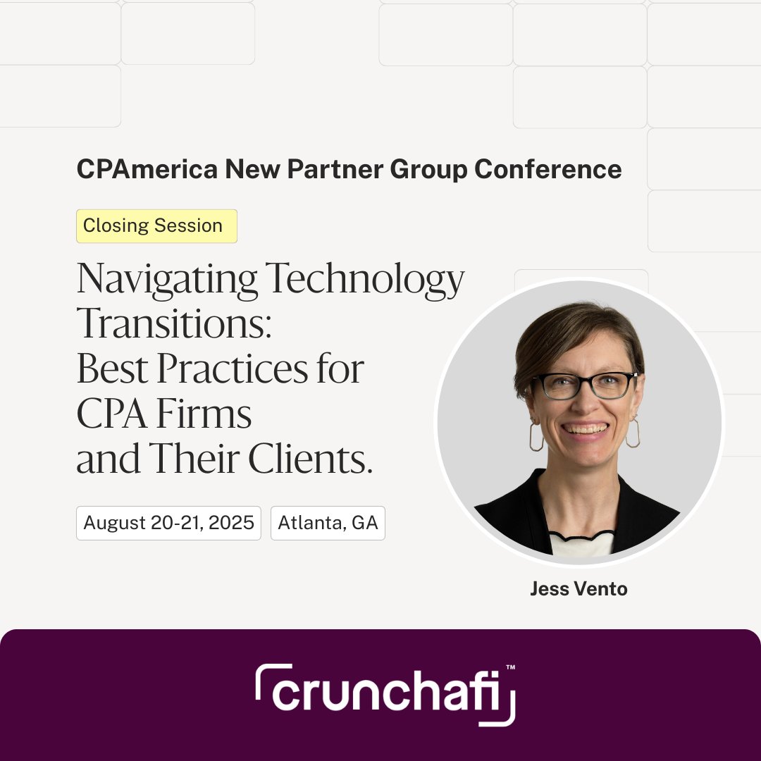 Crunchafi's tweet image. Heading to Atlanta next week?
Let’s talk about how to make your next technology transition your firm’s best move yet.
We're honored to have Jess Vento deliver the closing session at @CPAmericaIntl 's New Partner Group Conference!
#CPAmerica #TechTransition