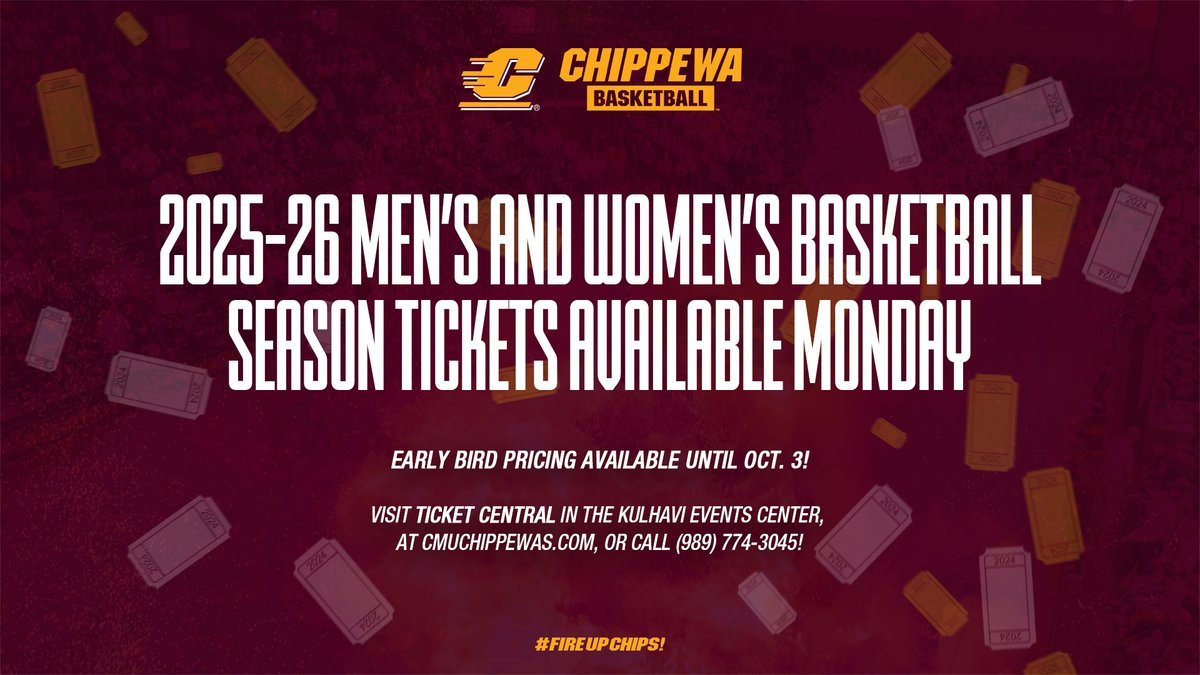 Set a reminder! Chippewa Basketball season tickets on sale Monday! 🎟️

📰cmuchippewas.com/news/2025/8/15…

#FireUpChips🔥⬆️🏀