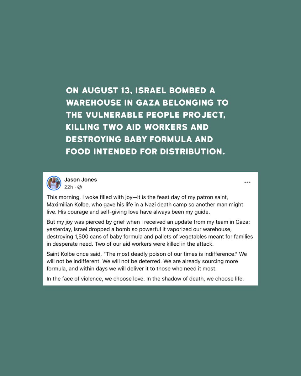 Rehumanize International (@rehumanizeintl) on Twitter photo Jason Jones of VPP is scheduled to be our first guest speaker next week in our new Voices for Life and Justice series. Unfortunately, two days ago, VPP's warehouse in Gaza was bombed. Please consider helping them replenish their stock of formula and food:
movietomovement.givingfuel.com/vpp-baby-formu… Jason Jones of VPP is scheduled to be our first guest speaker next week in our new Voices for Life and Justice series. Unfortunately, two days ago, VPP's warehouse in Gaza was bombed. Please consider helping them replenish their stock of formula and food:
movietomovement.givingfuel.com/vpp-baby-formu…