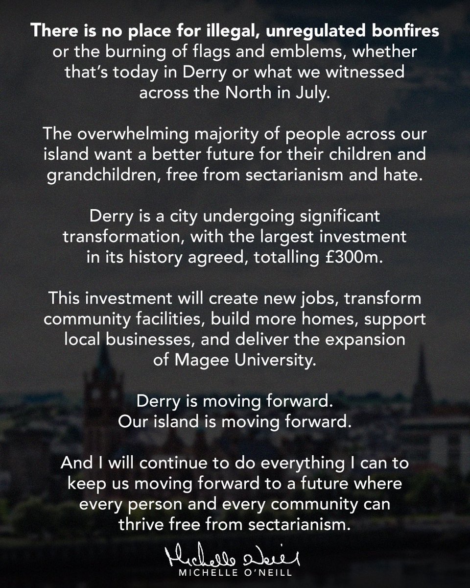 moneillsf's tweet image. There is no place for illegal, unregulated bonfires or the burning of flags, whether that’s today in Derry or what we witnessed in July.