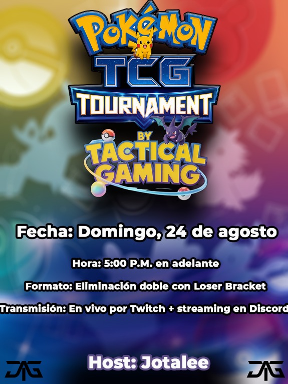TacticalJotaa's tweet photo. 🎴 Tactical Gaming (Tac.G) presenta:
Primer Torneo de Pokémon TCG Pocket ⚡

📅 24 AGO 2025 | 🕔 5:00 PM
🎥 En vivo en Twitch + Discord

📌 Info y registro en nuestro Discord
https://t.co/7MvL2GyiNl 

Host: @TacticalJotaa 
Admin:@TacG_Oficial

#PokemonTCG #TacG_Oficial #FreeEntry https://t.co/I0K8OvswNE