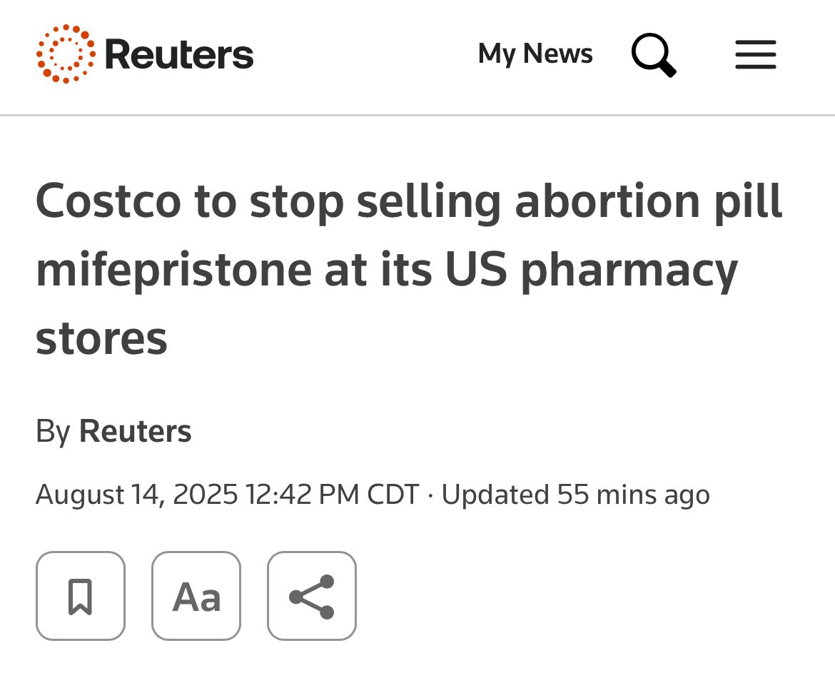 ProLifeAction's tweet photo. Yesterday, @Reuters reported -- correctly -- that @Costco would "not sell" the abortion pill mifepristone.

Then they changed their headline to say "to stop selling".

Today they changed it back to the original, correct wording. But why did they wrongly change it to begin with? https://t.co/DMIpdZmB8a