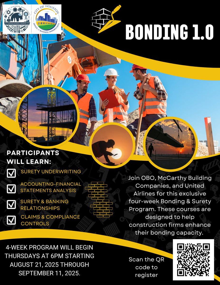 FINAL CALL! Registration for Bonding 1.0 closes Monday!
📅 Aug 21 – Sept 11 | Thursdays @ 6 PM
🎯 Build your bonding capacity &amp; grow your construction business.
⚠ Spots are limited — register now: houstonobo.qualtrics.com/jfe/form/SV_0k…