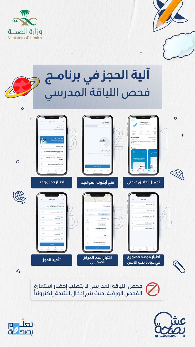 #توعية 

كيف يمكنك حجز موعد لطفلك لإجراء فحص الالتحاق بالصف الأول الابتدائي ؟

#صحة_حائل
#تعلم_بصحة