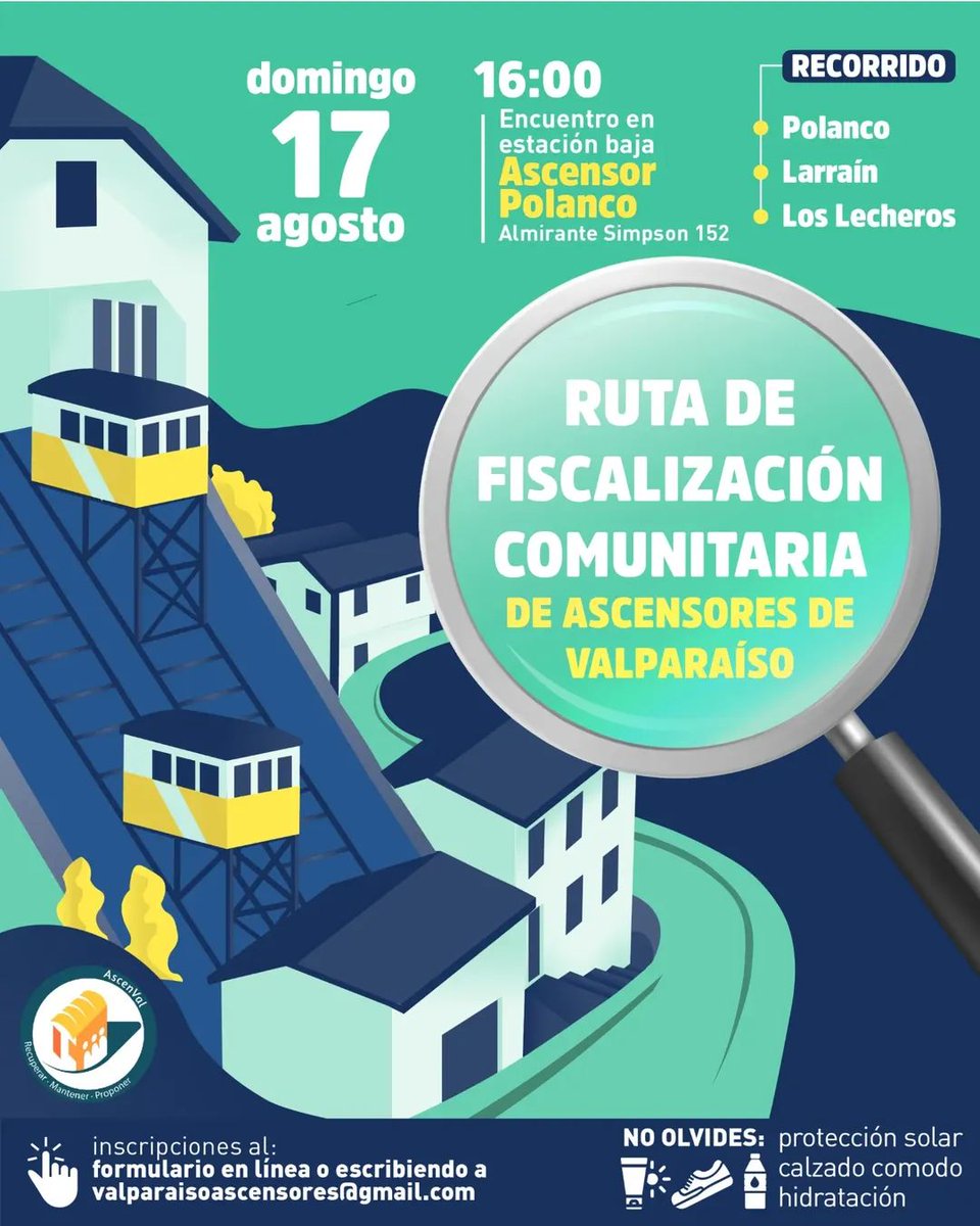 ascenval's tweet photo. 🚨 Ruta de fiscalización comunitaria 
 17 de agosto a las 16:00 hrs nos reunimos para recorrer y fiscalizar el estado de nuestros ascensores patrimoniales: Polanco, Larraín y Lecheros.
📍 Punto de encuentro: Ascensor Polanco
✍️ Inscripciones aquí: https://t.co/k8LHlKwv6n https://t.co/wdLnO2SS5a