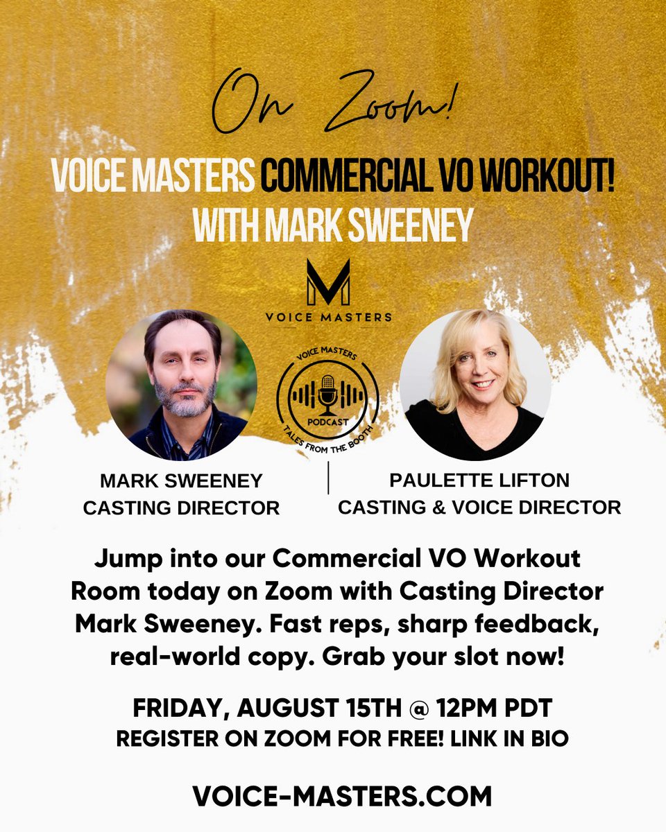 VOMasters's tweet image. 🎙 Commercial VO Workout Room – TODAY on Zoom
🗓 When: TODAY – Don’t miss it!
📍 Where: Zoom
🔗 Sign up here: bit.ly/TALESFROMTHEBO…
🎯 Learn more about our Commercial Classes: voice-masters.com
#VoiceMasters #VoiceOver #CommercialVO #CastingDirector #VOWorkoutRoom