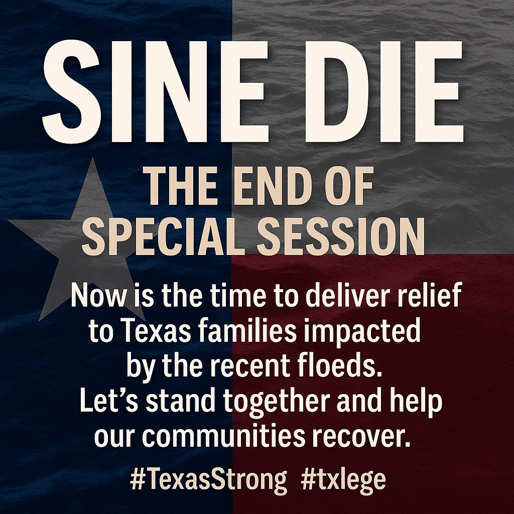 Now that the 1st Special Session is over , Office of the Governor Greg Abbott has the full ability to give monetary relief to Texas Flood Victims. Please focus on rebuilding Texans lives. 

#SineDie
#RepJoseyGarciaThePeoplesRep
#TxLege
#repjoseythelegislativebody