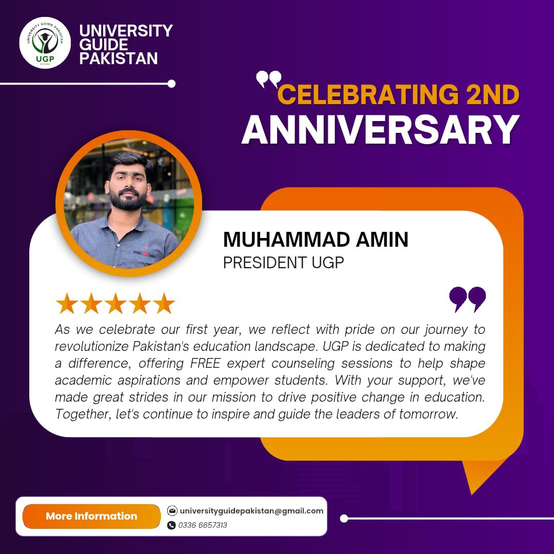 UGP__Official's tweet photo. 🎉 *2 Years of University Guide Pakistan* 🎉

Wow. Today, we celebrate 2 incredible years of UGP, Pakistan’s largest non-profit student community, built by students, for students. https://t.co/uHcUqKzeJU