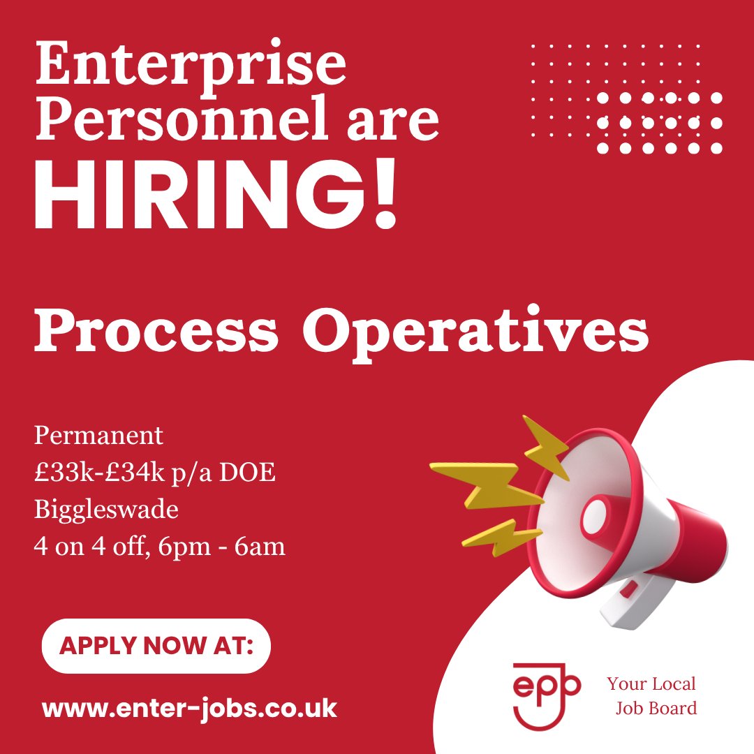 EnterJobs's tweet image. Enterprise Personnel's client is looking for Process Operatives to work 4 on 4 off night shifts in Biggleswade.
Apply now via our website! 

#processoperatives #packingjobs #packingprocess #productionprocess #dayshifts #nightshifts #biggleswade #bedfordshire